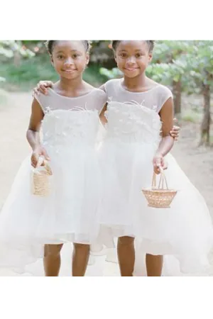 Cheap A-Line Sleeveless High Low White Tulle Flower Girl Dress With Appliques OHR045