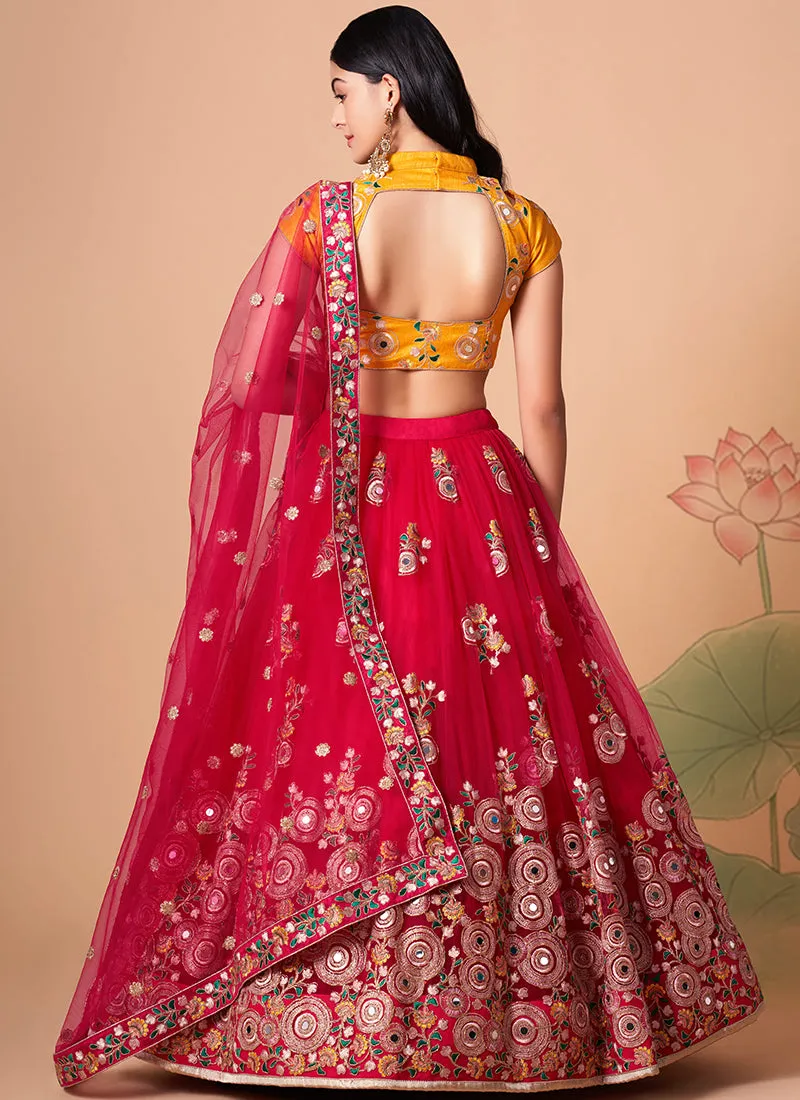 Cherry Red Multi Embroidery Wedding Lehenga Choli