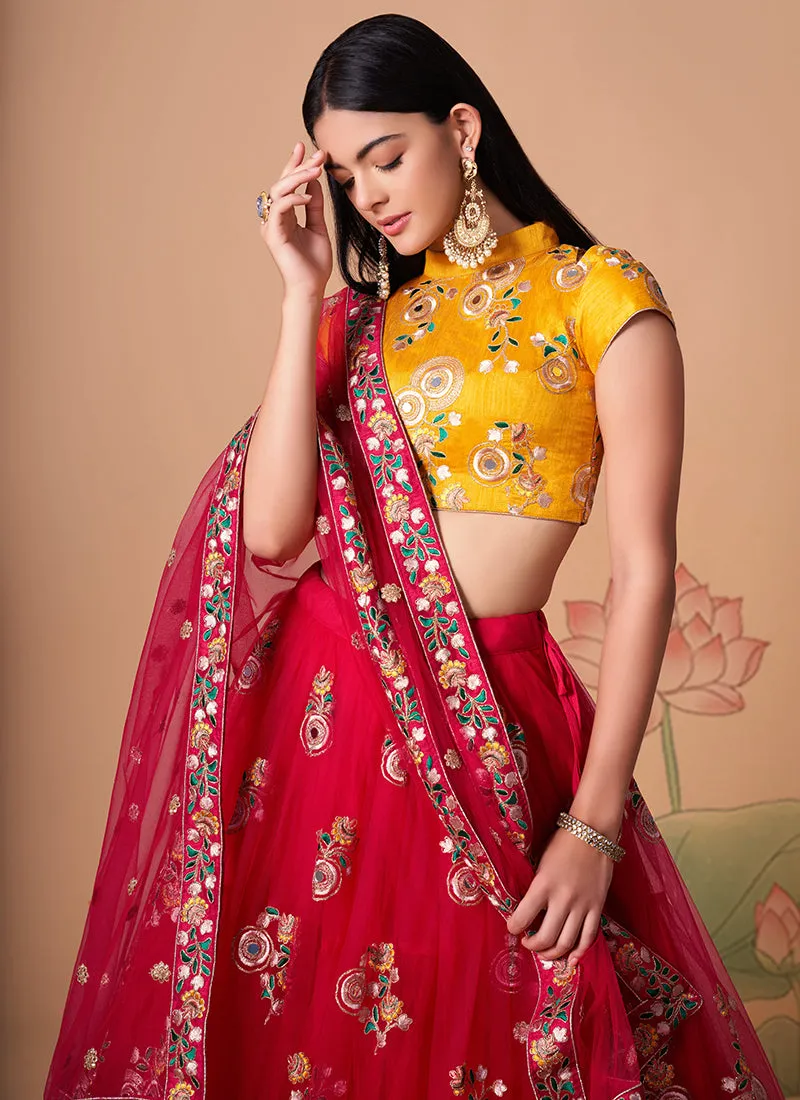 Cherry Red Multi Embroidery Wedding Lehenga Choli