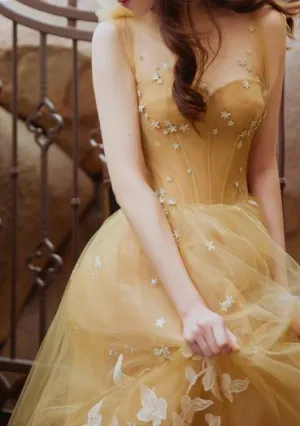Chic A-line Bateau Applique Floor Length Sleeveless Long Tulle Prom Dresses Evening Dress OHC281