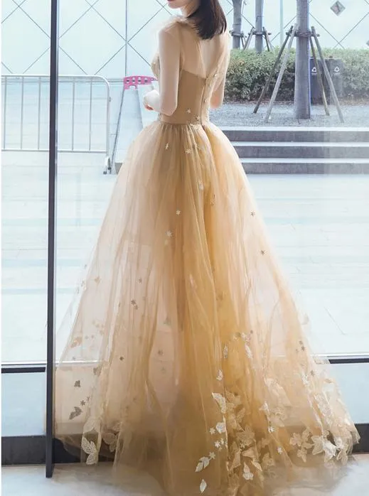 Chic A-line Bateau Applique Floor Length Sleeveless Long Tulle Prom Dresses Evening Dress OHC281