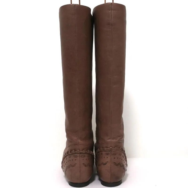 Chloe Knee High Flat Boots Brown Leather Size 38.5 Embellished Heel