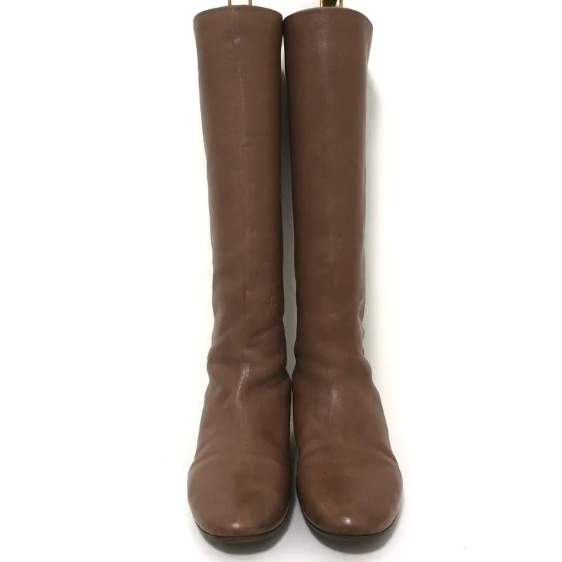 Chloe Knee High Flat Boots Brown Leather Size 38.5 Embellished Heel