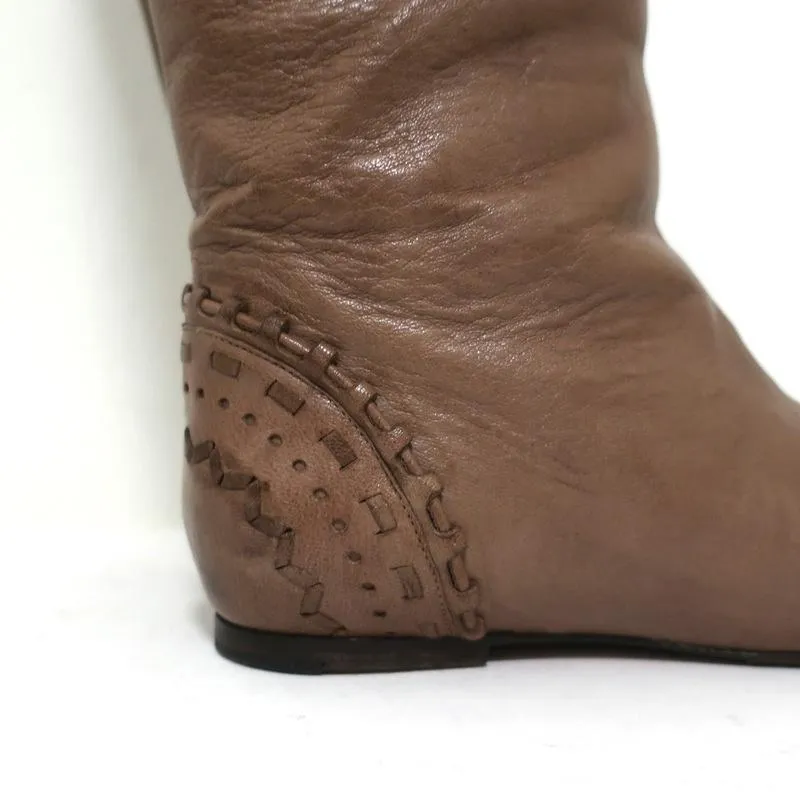 Chloe Knee High Flat Boots Brown Leather Size 38.5 Embellished Heel
