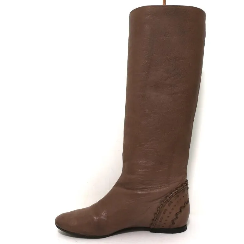 Chloe Knee High Flat Boots Brown Leather Size 38.5 Embellished Heel