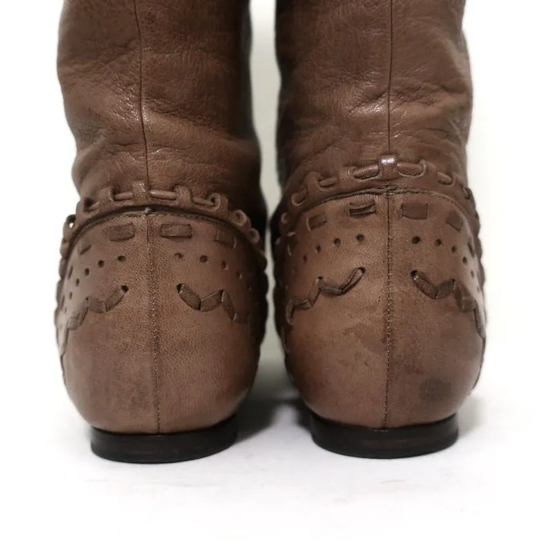 Chloe Knee High Flat Boots Brown Leather Size 38.5 Embellished Heel