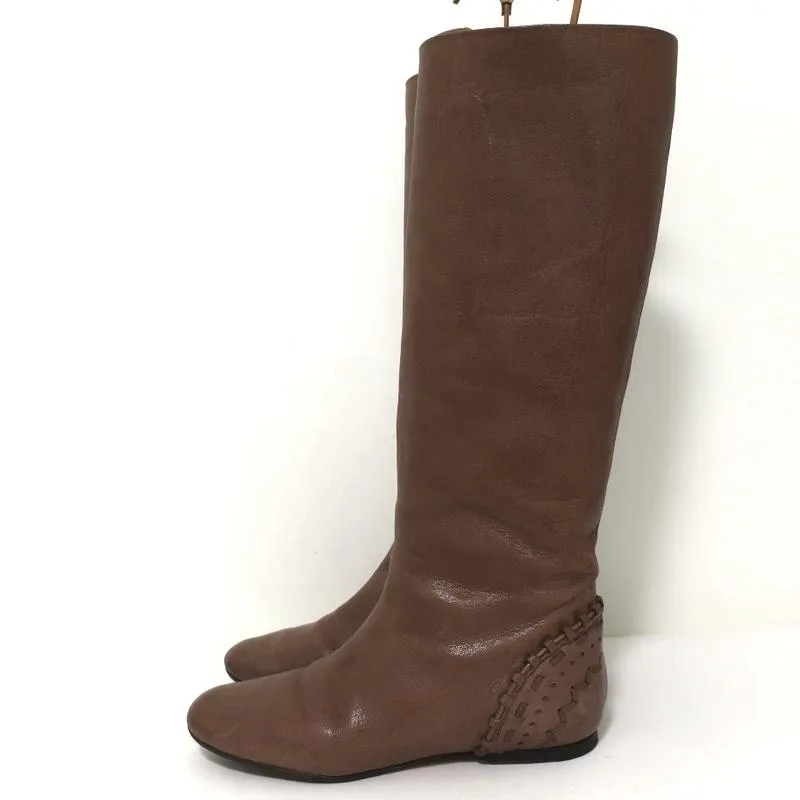 Chloe Knee High Flat Boots Brown Leather Size 38.5 Embellished Heel