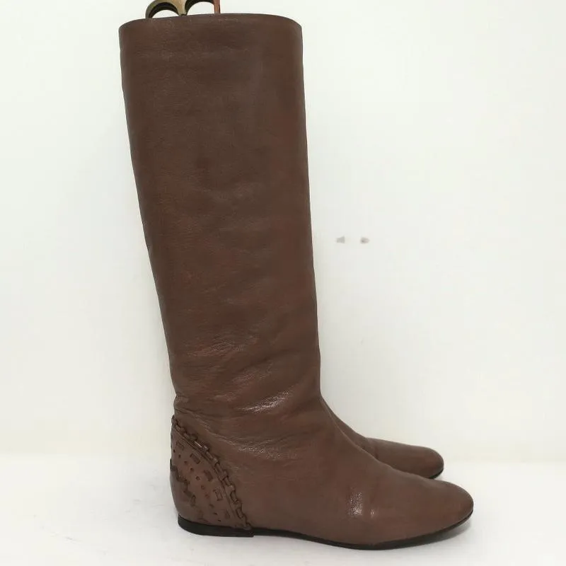 Chloe Knee High Flat Boots Brown Leather Size 38.5 Embellished Heel