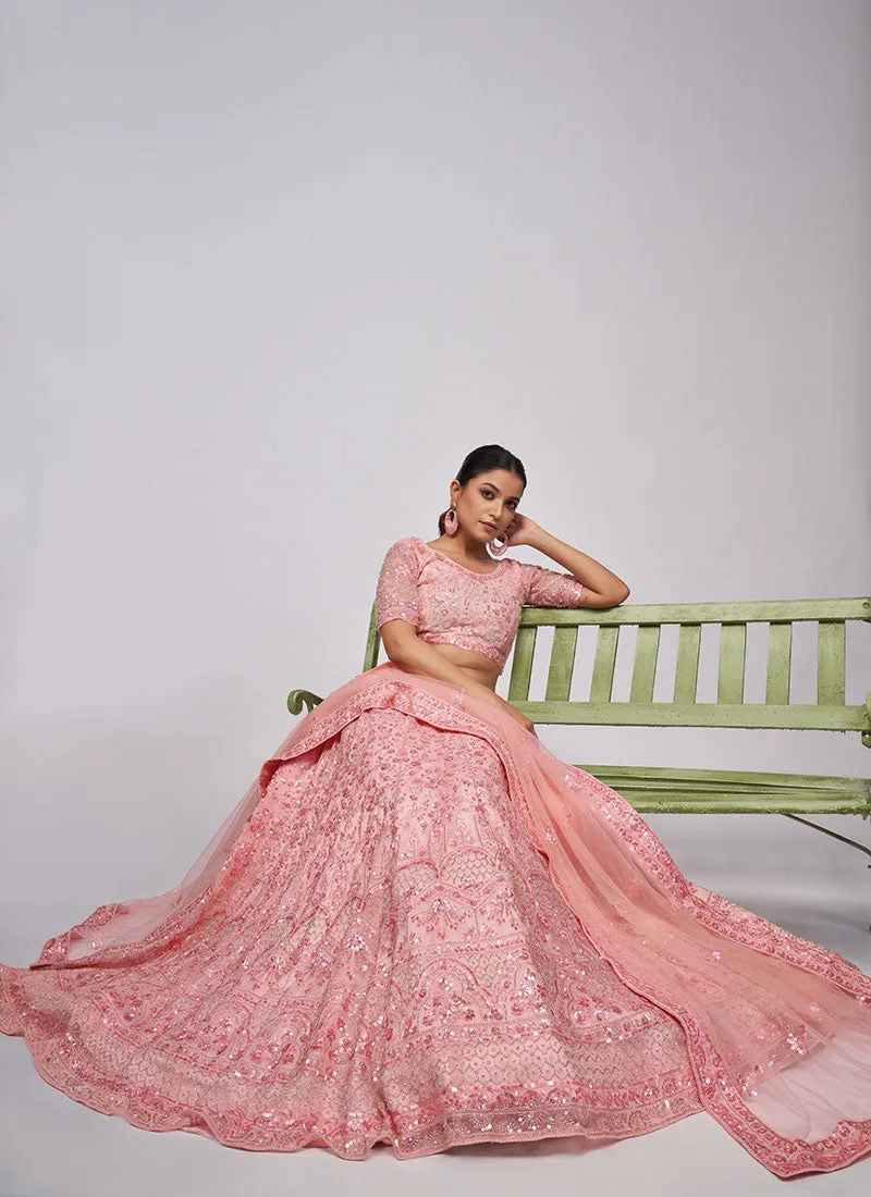 Coral Pink Sequence Embroidery Wedding Lehenga Choli