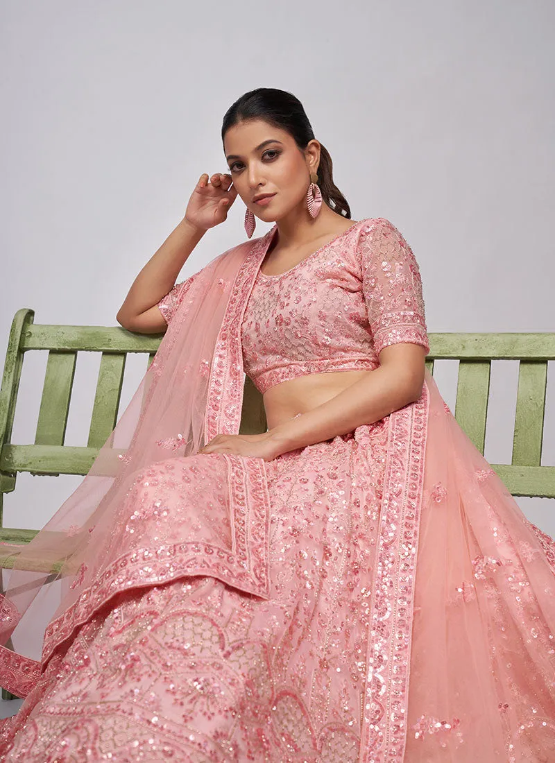 Coral Pink Sequence Embroidery Wedding Lehenga Choli