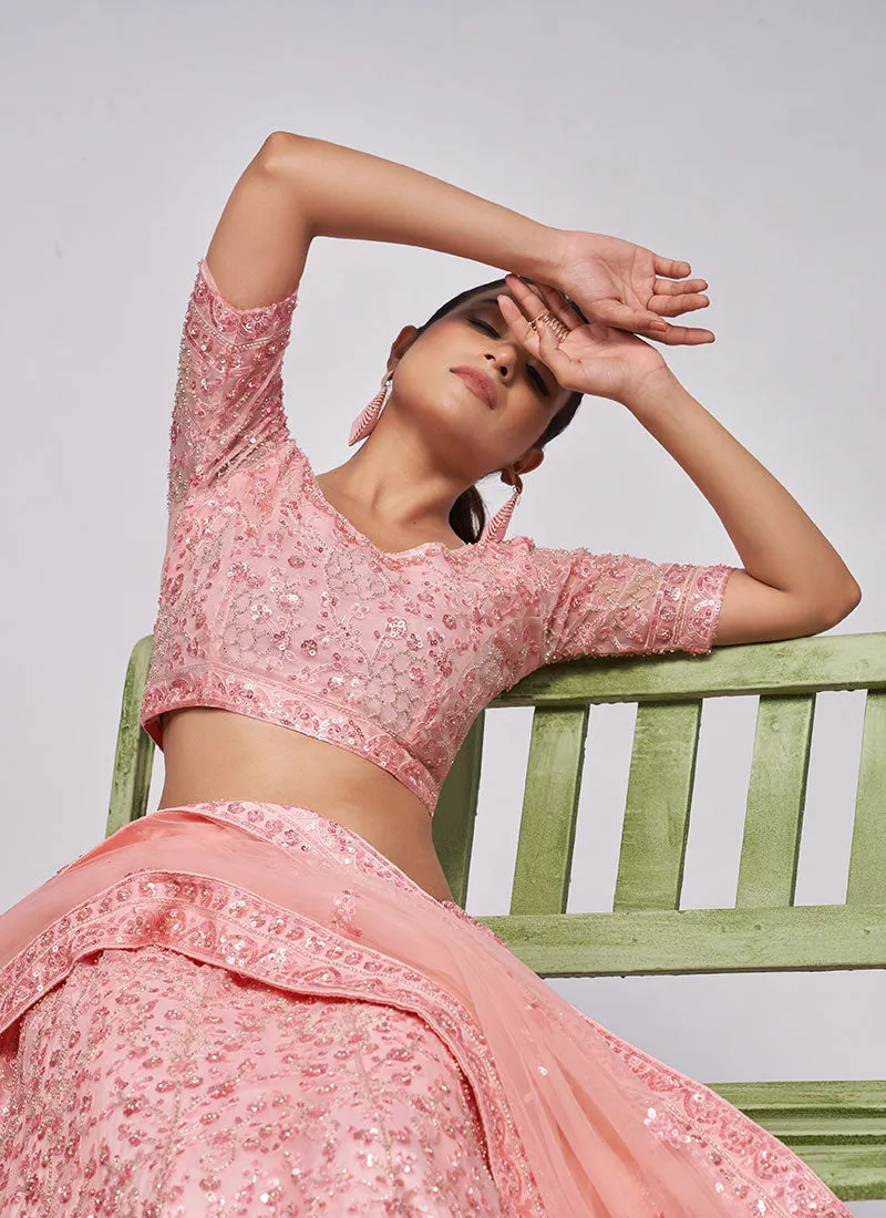 Coral Pink Sequence Embroidery Wedding Lehenga Choli