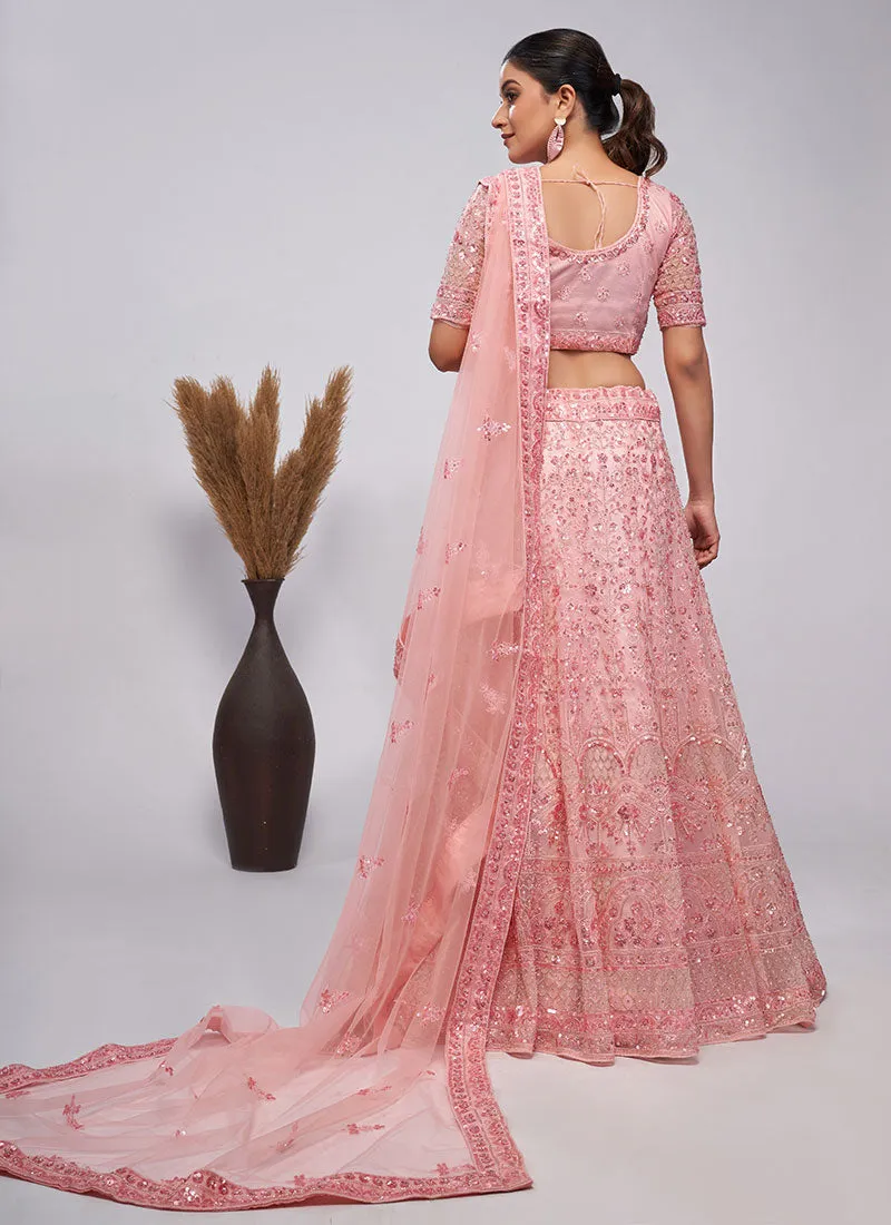 Coral Pink Sequence Embroidery Wedding Lehenga Choli