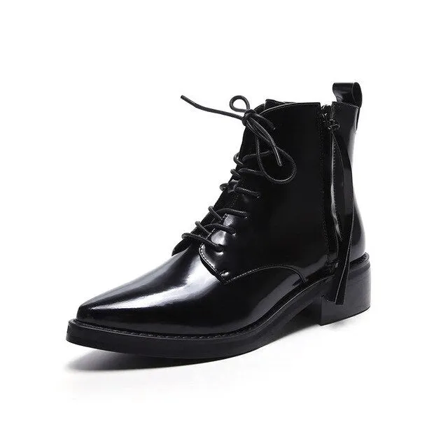 Cow genuine leather boots zip cross tied med heels autumn winter boots pointed toe ankle boots for women party shoes