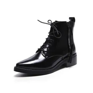 Cow genuine leather boots zip cross tied med heels autumn winter boots pointed toe ankle boots for women party shoes