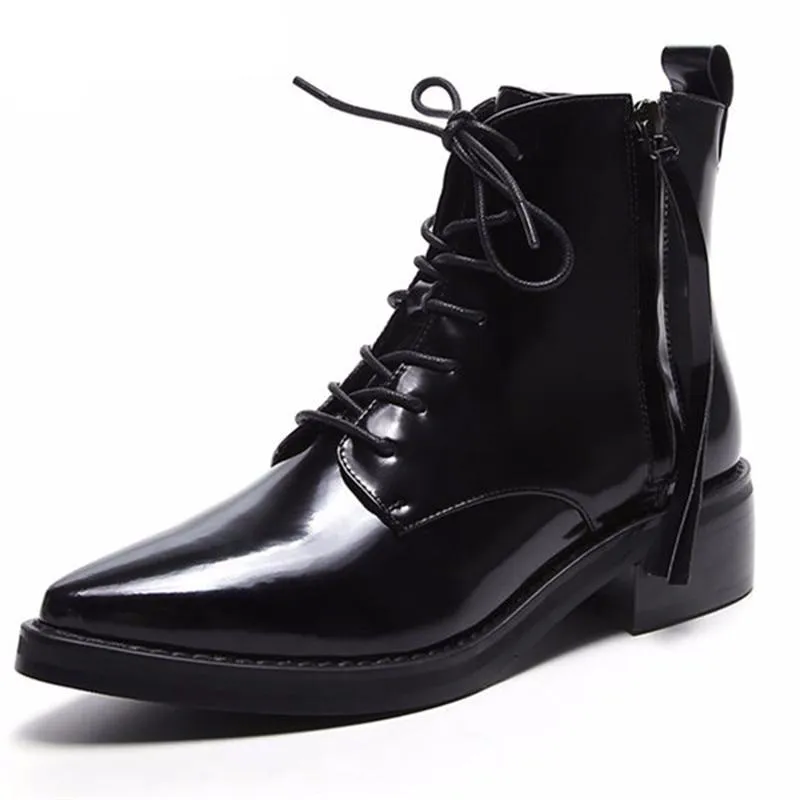 Cow genuine leather boots zip cross tied med heels autumn winter boots pointed toe ankle boots for women party shoes