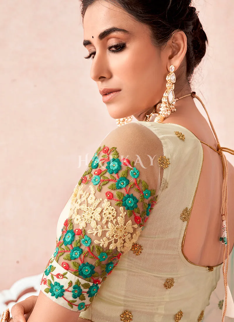 Cream And Sea Green Multi Embroidered Traditional Lehenga Choli