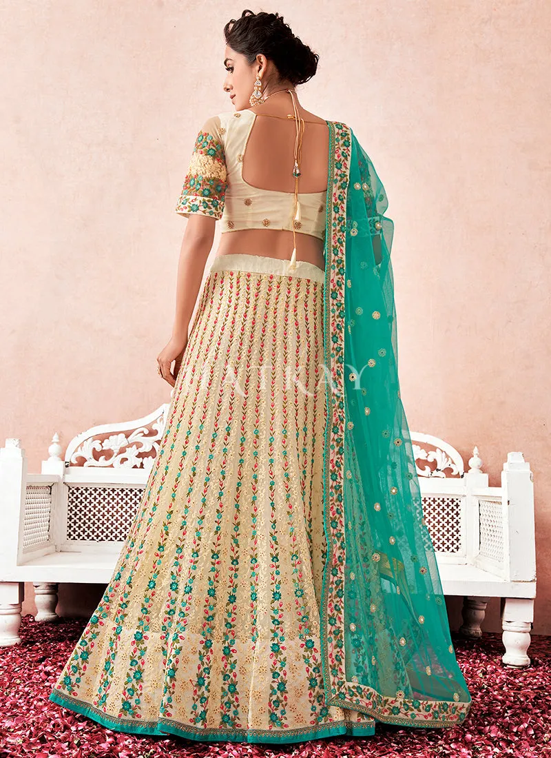 Cream And Sea Green Multi Embroidered Traditional Lehenga Choli
