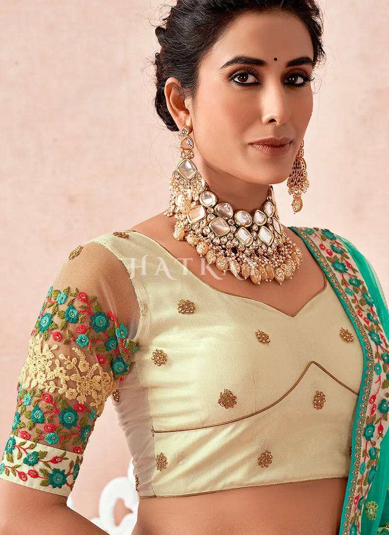 Cream And Sea Green Multi Embroidered Traditional Lehenga Choli