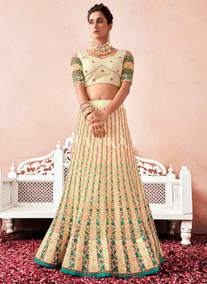Cream And Sea Green Multi Embroidered Traditional Lehenga Choli