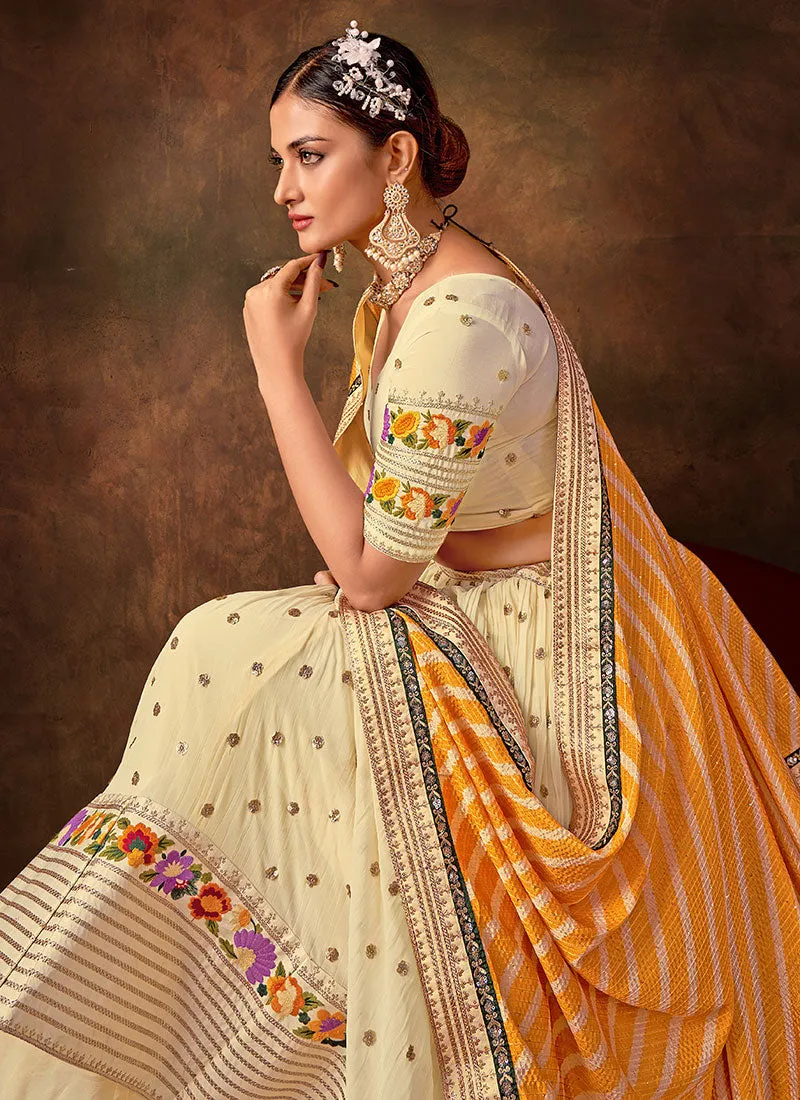 Cream And Yellow Multi Embroidery Wedding Lehenga Choli And Dupatta