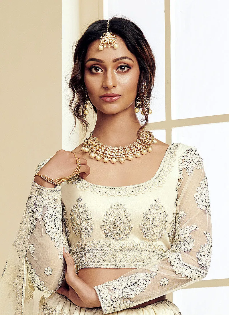Cream Pearl Embroidered Wedding Lehenga Choli