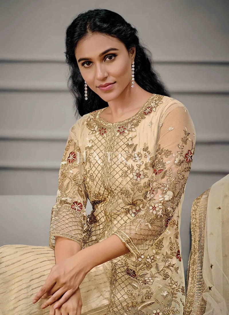 Creme Golden Embroidered Pant Suit