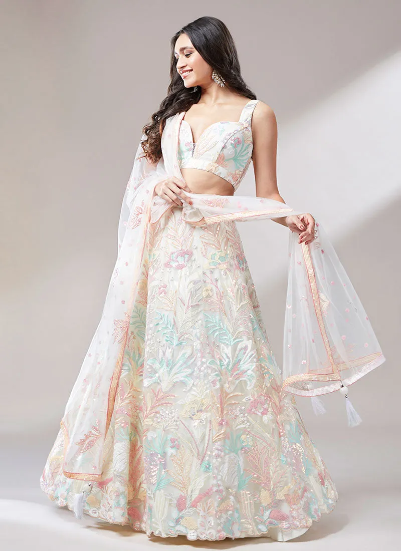 Crème White Multi Embroidery Lehenga Choli And Dupatta