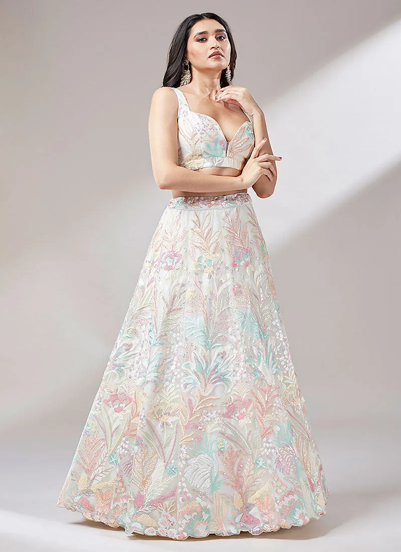 Crème White Multi Embroidery Lehenga Choli And Dupatta