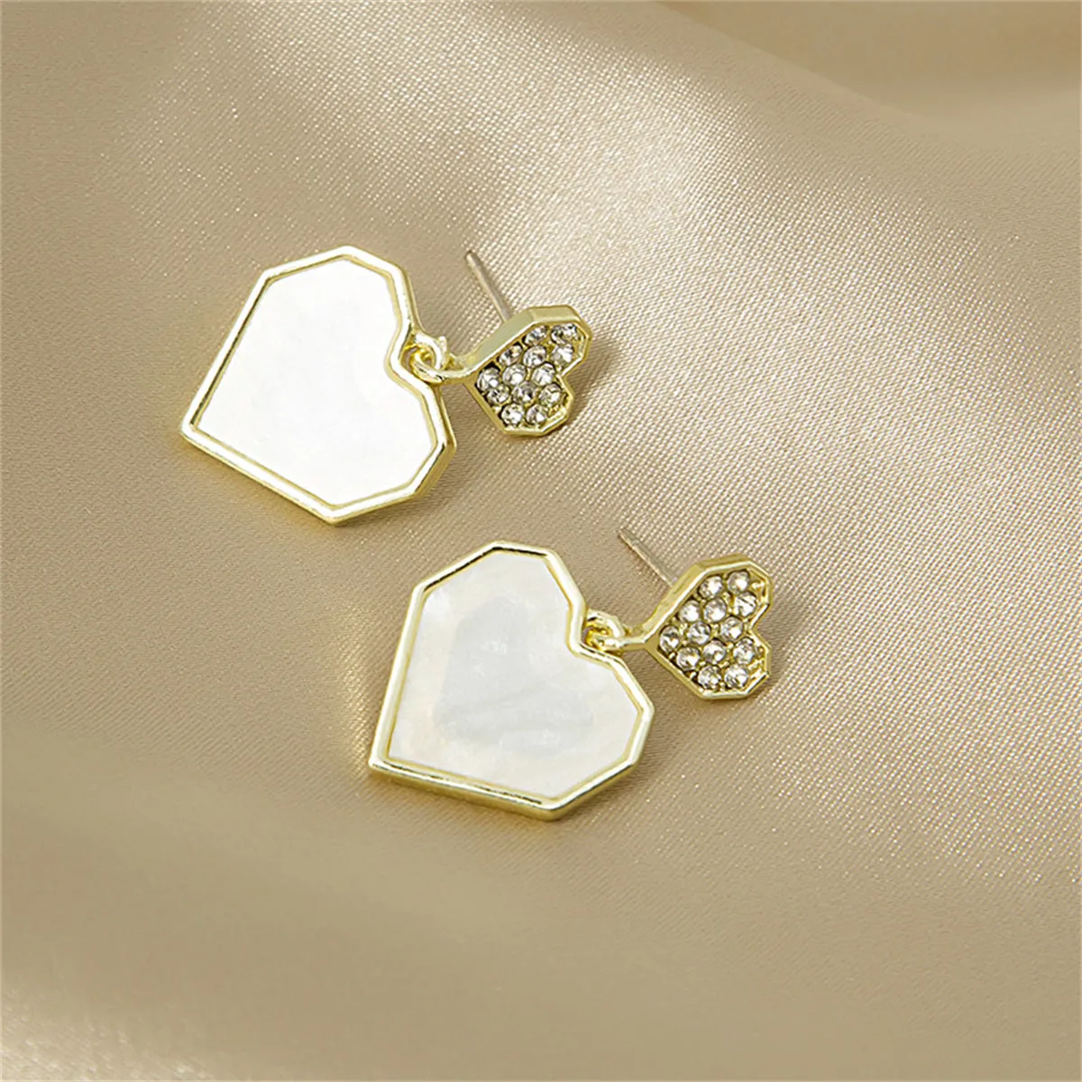 Cubic Zirconia & Shell 18K Gold-Plated Double Heart Drop Earrings