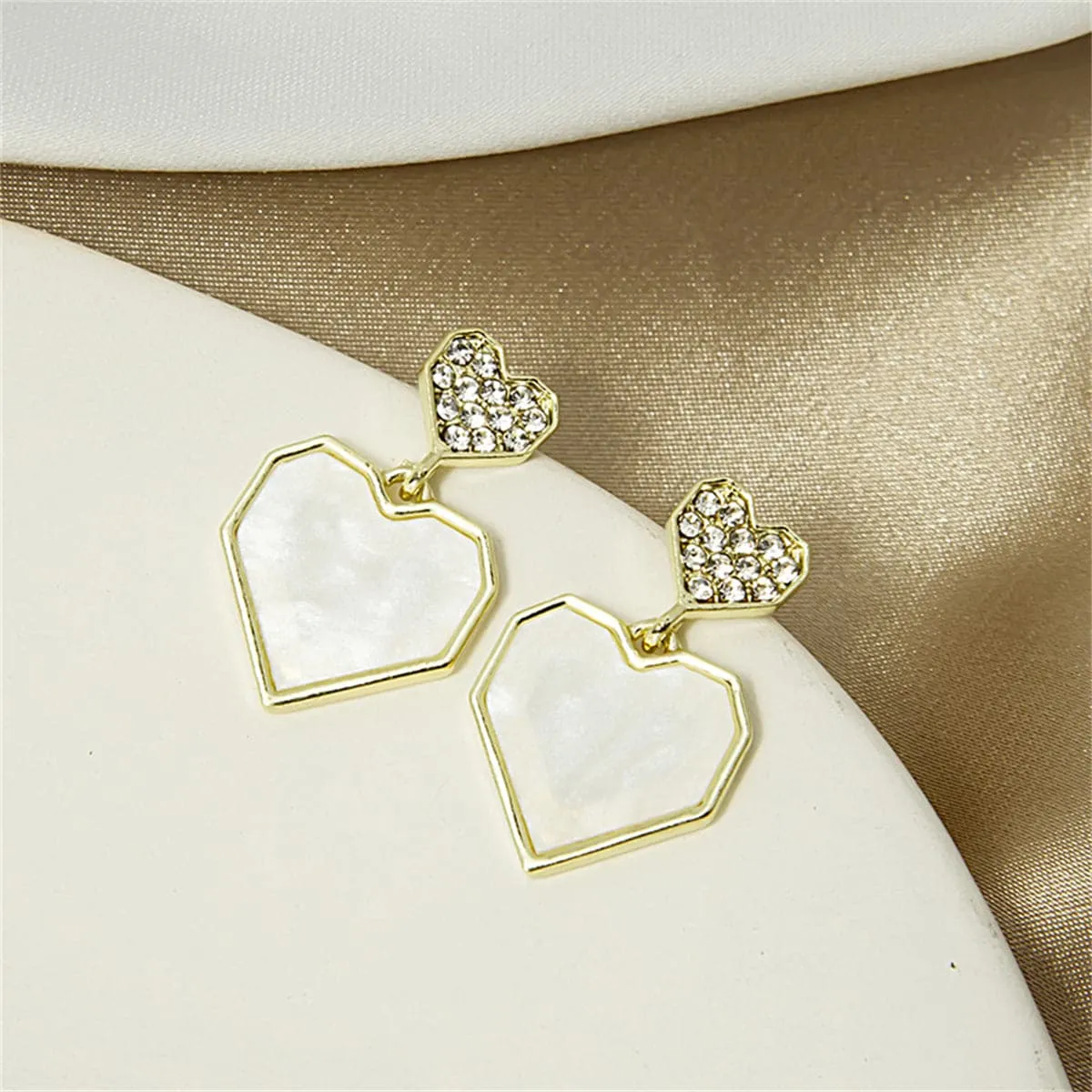 Cubic Zirconia & Shell 18K Gold-Plated Double Heart Drop Earrings