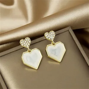 Cubic Zirconia & Shell 18K Gold-Plated Double Heart Drop Earrings
