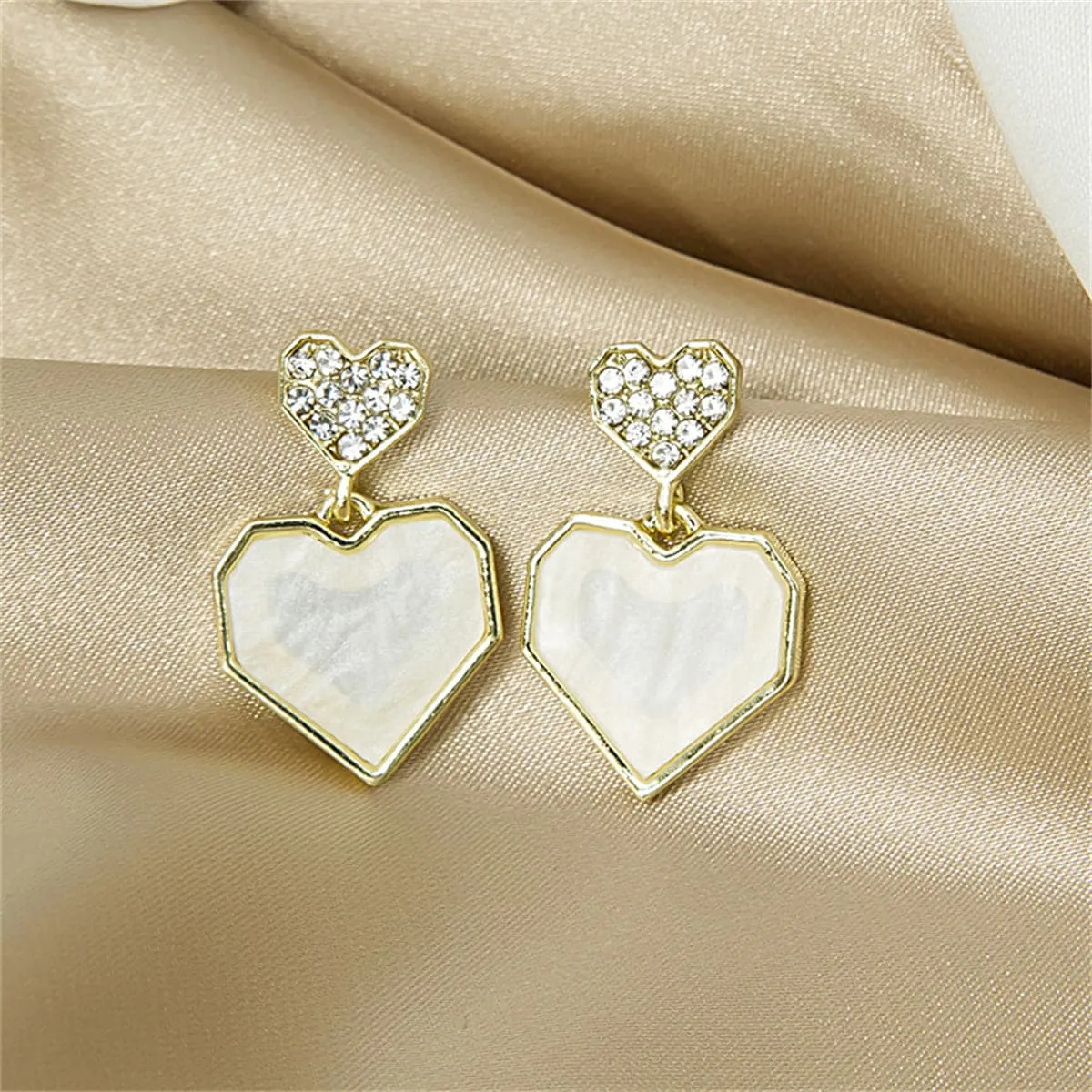 Cubic Zirconia & Shell 18K Gold-Plated Double Heart Drop Earrings