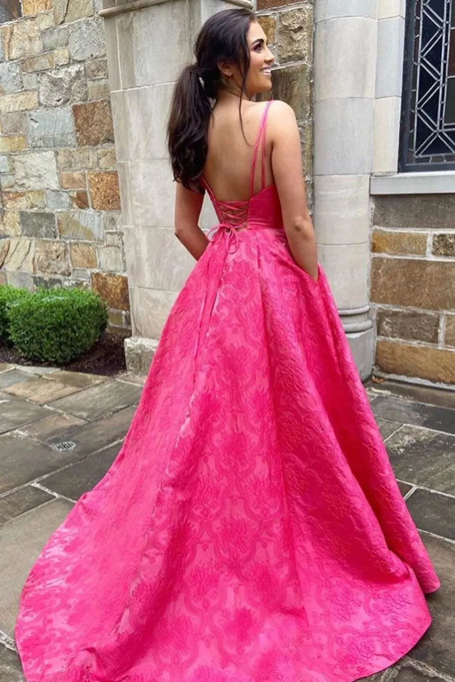 Custom A Line V Neck Sweep Train Long Satin Prom Dresses Evening Dresses OHC502