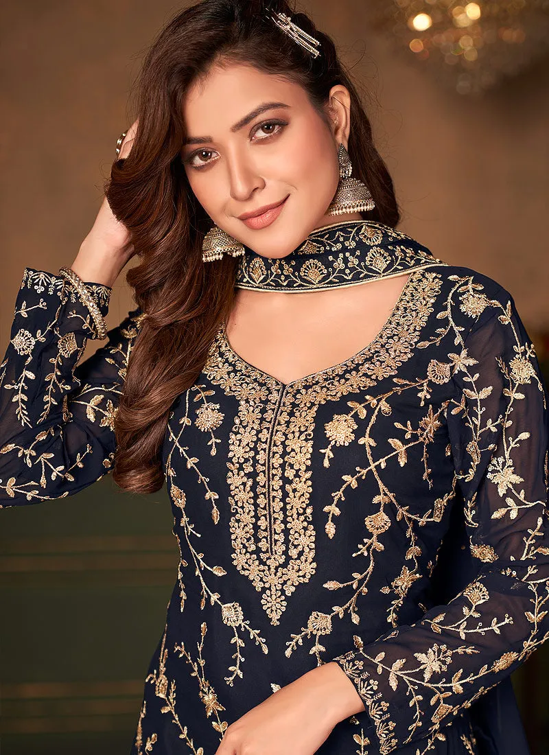 Dark Blue Embroidered Designer Palazzo Suit