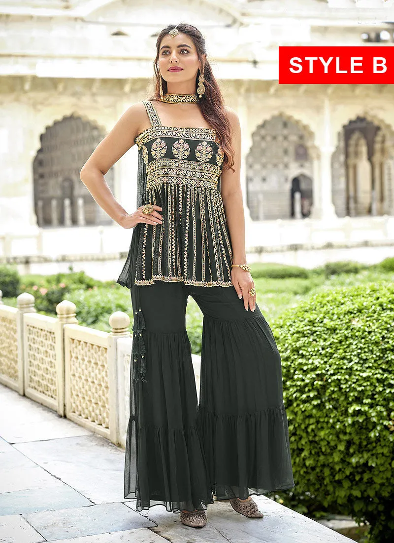 Dark Green Embroidered Designer Gharara Style Suit