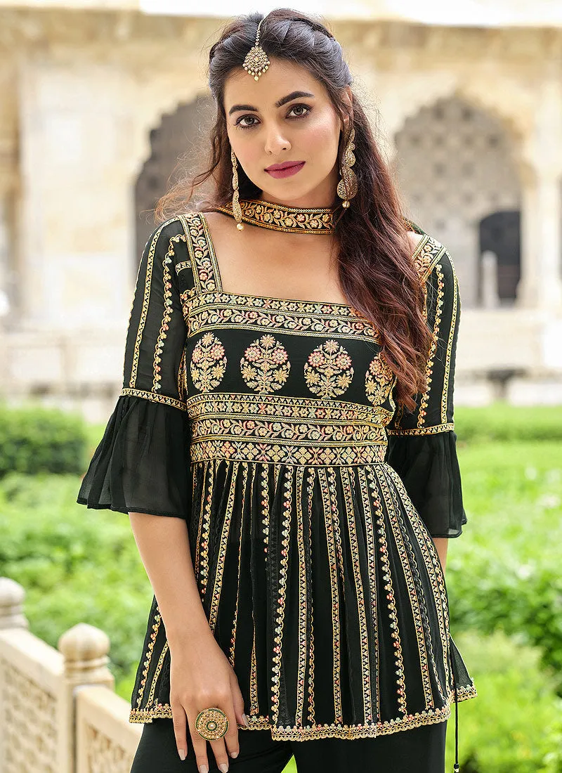 Dark Green Embroidered Designer Gharara Style Suit