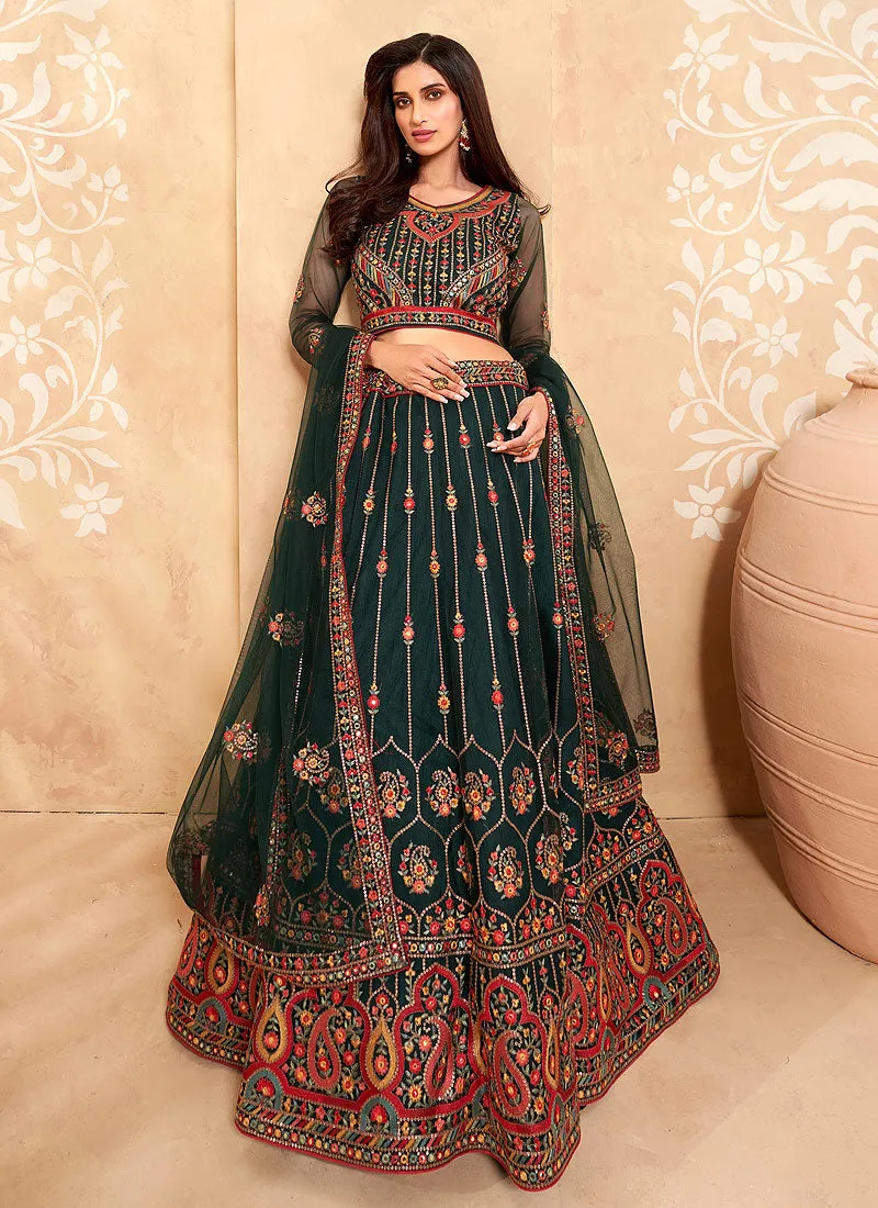 Dark Green Multi Embroidered Designer Weddinng Lehenga Choli