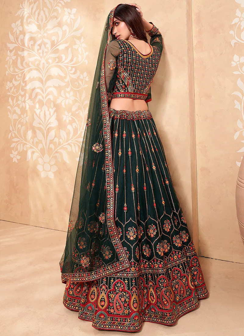 Dark Green Multi Embroidered Designer Weddinng Lehenga Choli