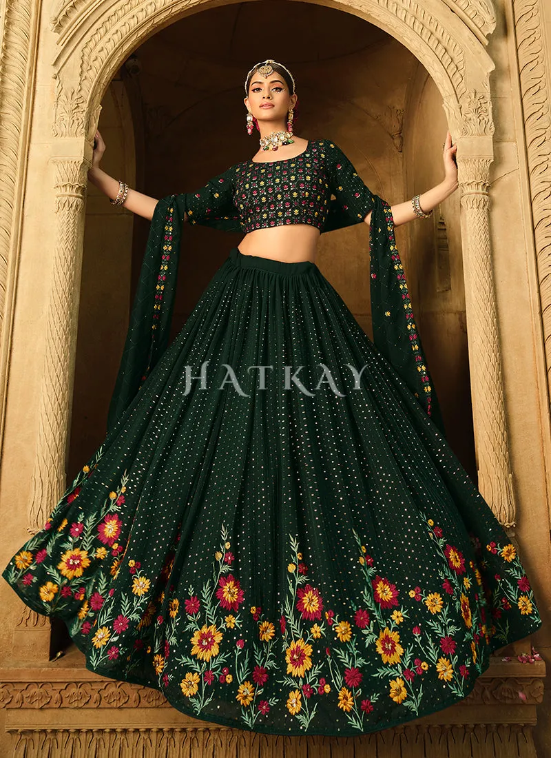 Dark Green Multi Floral Embroidery Georgette Lehenga Choli