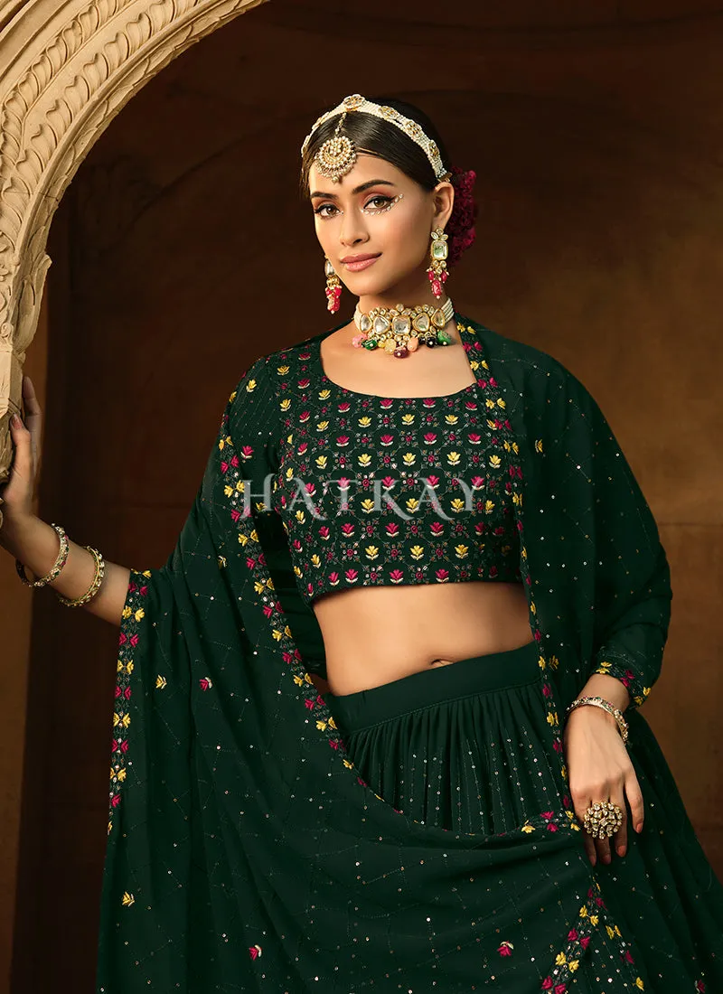 Dark Green Multi Floral Embroidery Georgette Lehenga Choli