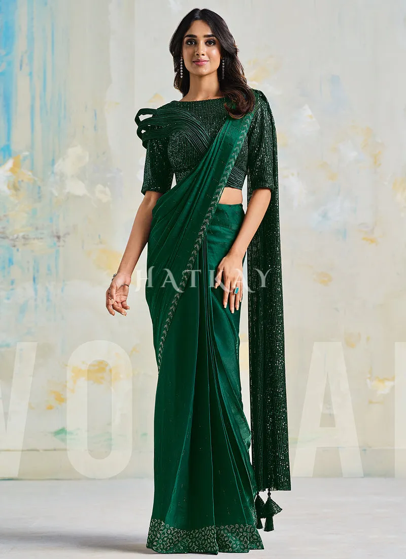 Dark Green Sequence Embroidery Designer Silk Saree