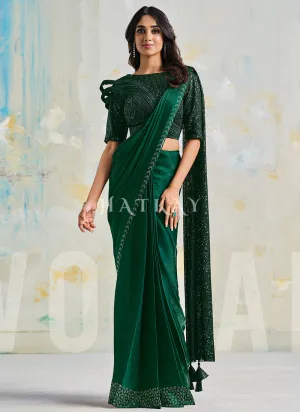 Dark Green Sequence Embroidery Designer Silk Saree