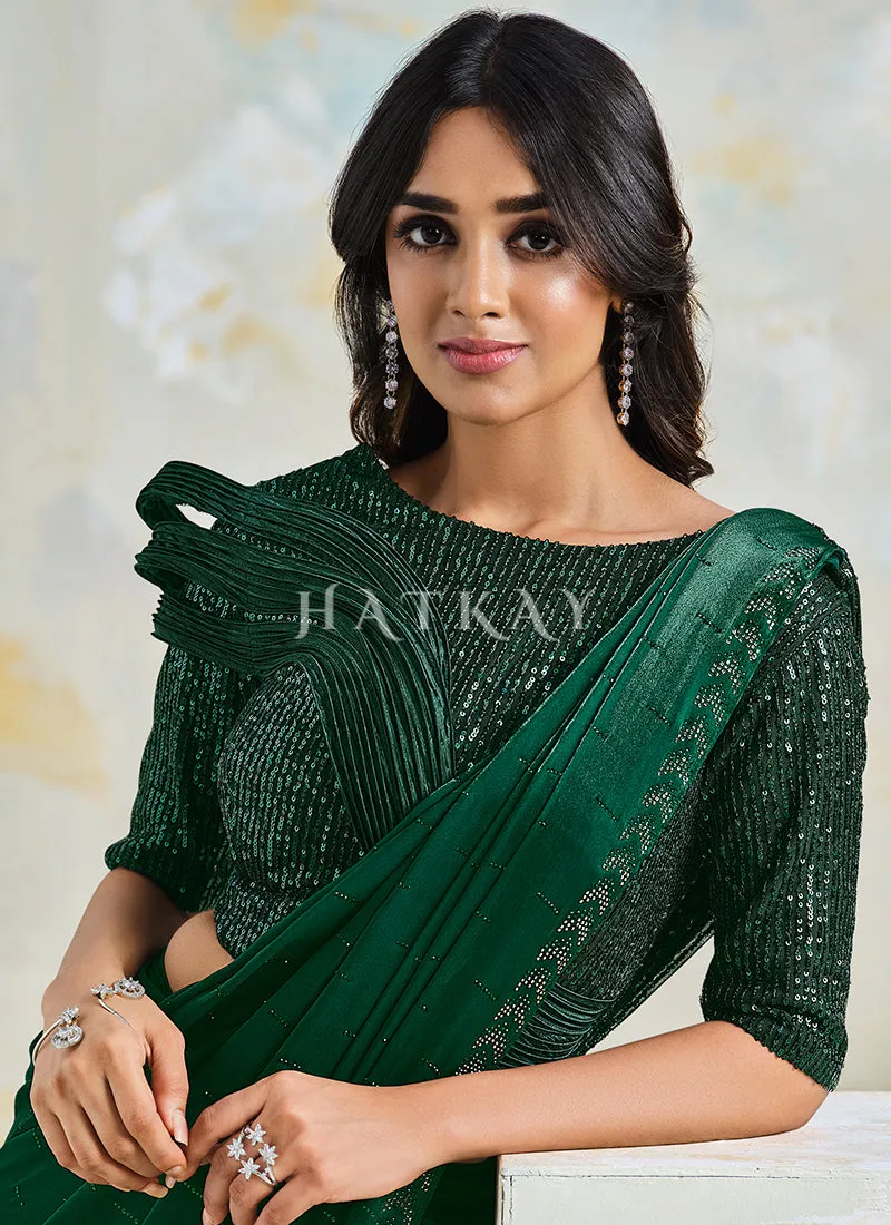 Dark Green Sequence Embroidery Designer Silk Saree