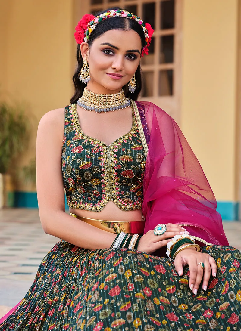 Dark Green Sequence Embroidery Lehenga Choli