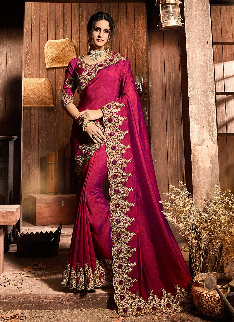 Deep Pink With Golden Pallu Embroidered Designer Saree