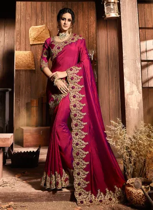 Deep Pink With Golden Pallu Embroidered Designer Saree