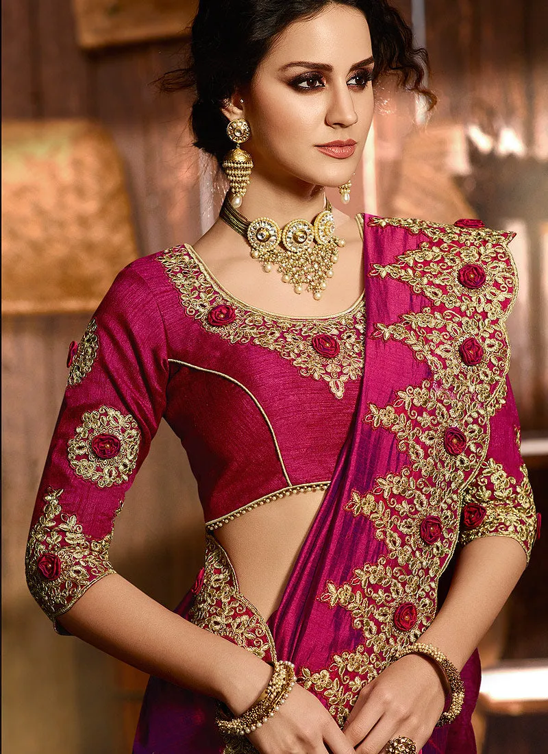Deep Pink With Golden Pallu Embroidered Designer Saree