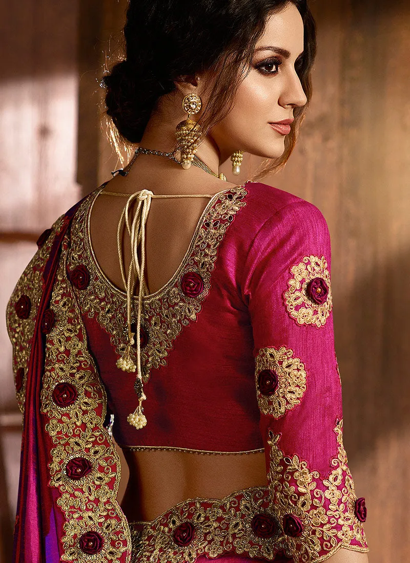 Deep Pink With Golden Pallu Embroidered Designer Saree