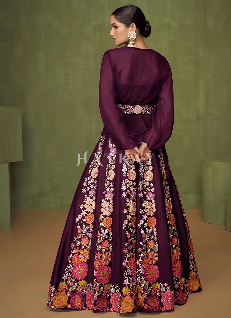 Deep Wine Floral Embroidered Peplum Style Lehenga Choli