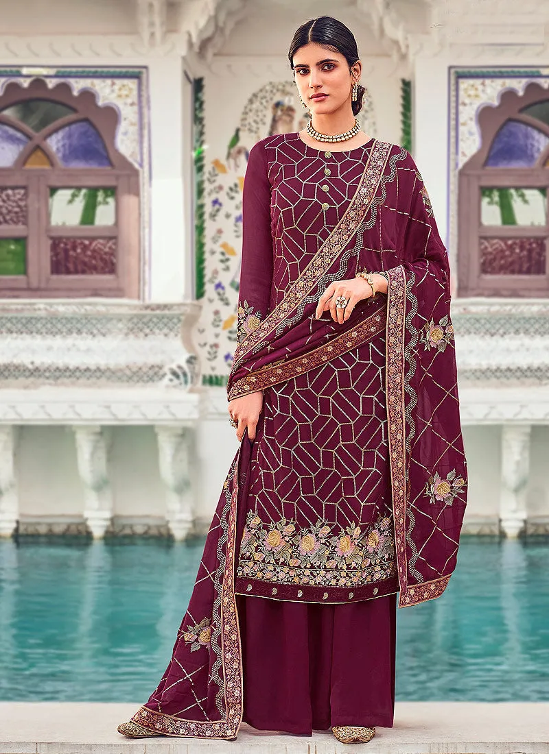 Deep Wine Multi Embroidered Indian Gharara Suit
